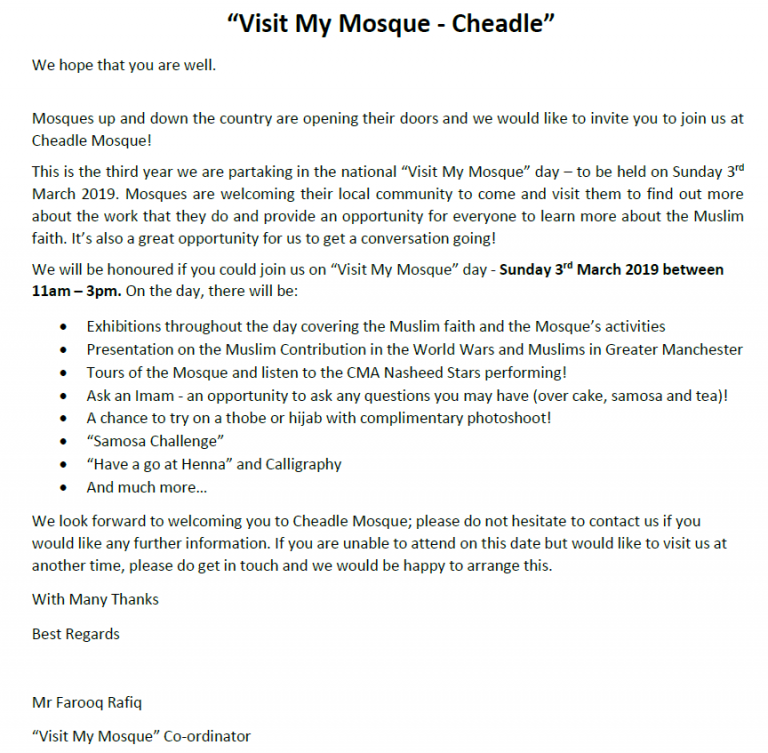 All invited to Visit My Mosque on 3 March 2019 | Cheadle and Gatley ...