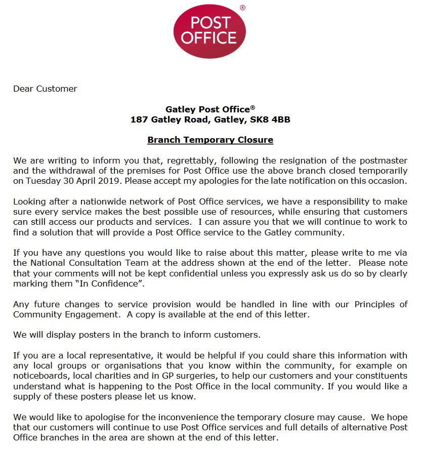 Gatley Post Office temporary closure Cheadle and Gatley Liberal